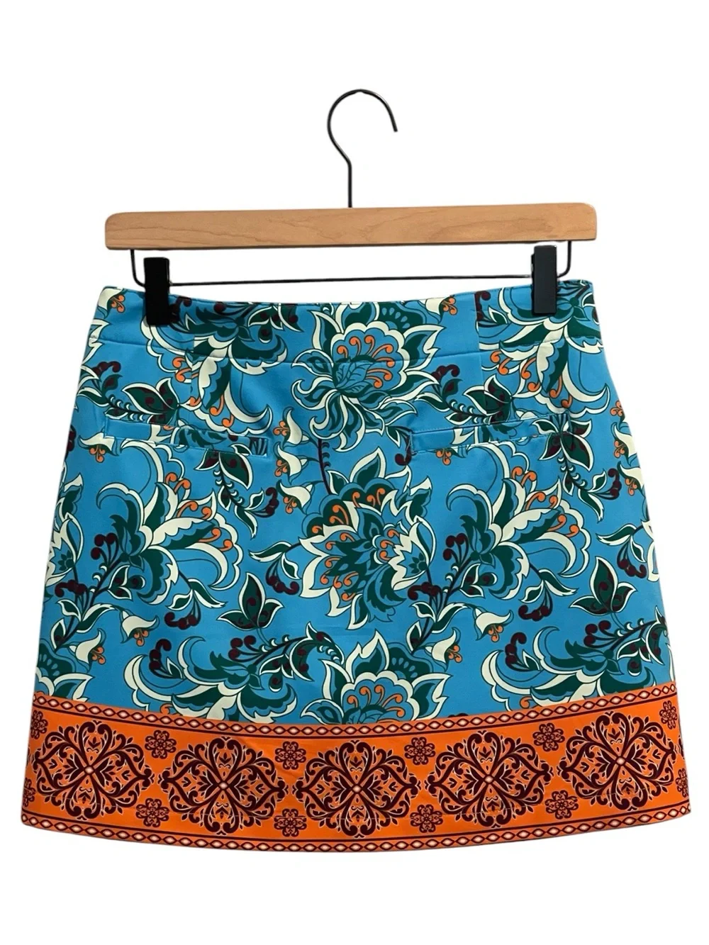 Lady Hagen Turquoise Blue Floral Mini Skirt/Skort with Orange Hem, Size 2